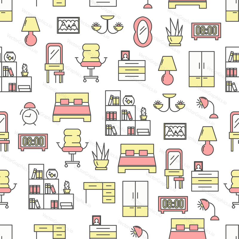 Vector seamless pattern with bedroom interior and furniture. Thin line art flat style design bedroom background, wallpaper.