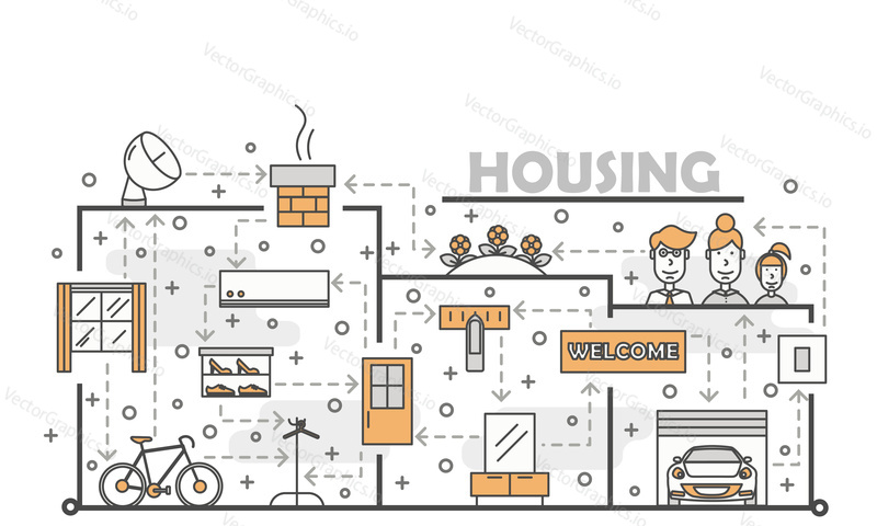 Housing poster banner template. House interior with furniture, garage, auto, bike vector thin line art flat style design elements, icons for web banners and printed materials.