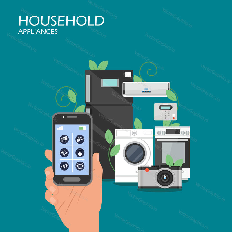 Household appliances vector flat illustration. Hand holding smartphone with remote control app and smart home appliances fridge, washer, stove, air conditioner, camera. Iot Home automation technology.
