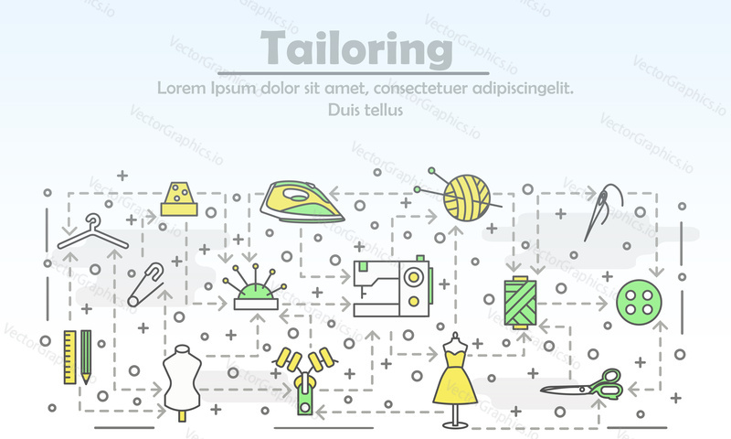 Tailoring advertising poster banner template. Sewing machine, needle, thread, thimble, dummy, knitting etc. Vector thin line art flat style design elements, icons for web banners, printed materials.
