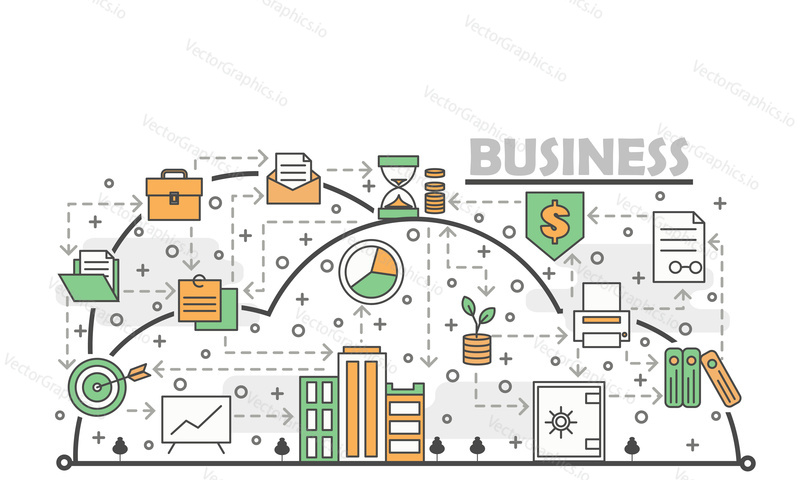 Business poster banner template. Folders, briefcase, safe, achievement, time management, deadline etc. vector thin line art flat style design elements, icons for web banners and printed materials.