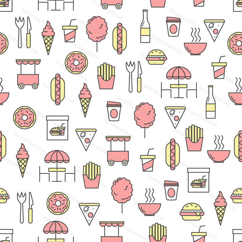 Vector seamless pattern with hot dog, french fries, burger, ice cream, soft drinks, coffee, food truck etc. Thin line art flat style design street food background, wallpaper.