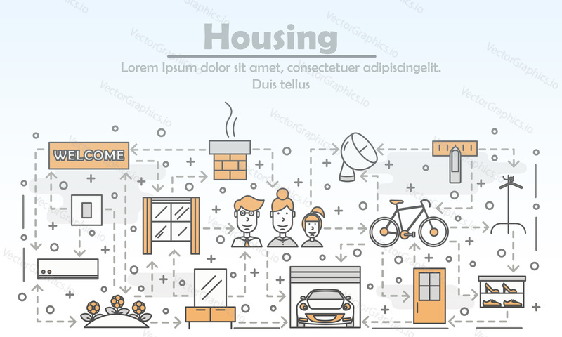 Housing advertising poster banner template. House interior with furniture, garage, auto, bike vector thin line art flat style design elements, icons for web banners and printed materials.