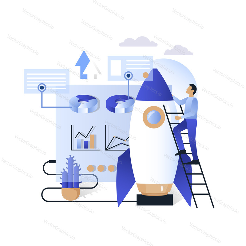 Futuristic blue virtual graphic touch user interface hud, businessman climbing rocket ladder. Vector illustration for business startup, success, future technology IP dashboard web banner website page.