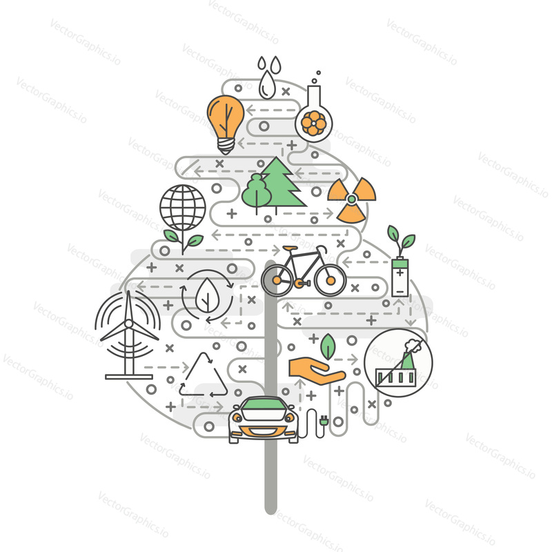 Tree shape poster banner template. Ecology, environment, renewable wind green energy concept. Vector thin line art flat style design elements, icons for web banners, printed materials.