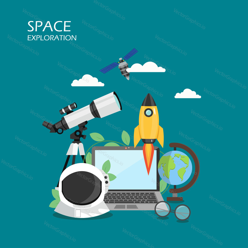 Space exploration concept vector flat illustration. Telescope, satellite, rocket, astronaut helmet, globe and laptop. Astronomy science, space technology poster banner.