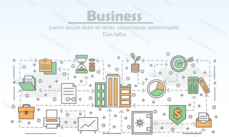 Business advertising poster banner template. Folders, briefcase, safe, achievement, time management etc. vector thin line art flat style design elements, icons for web banners and printed materials.