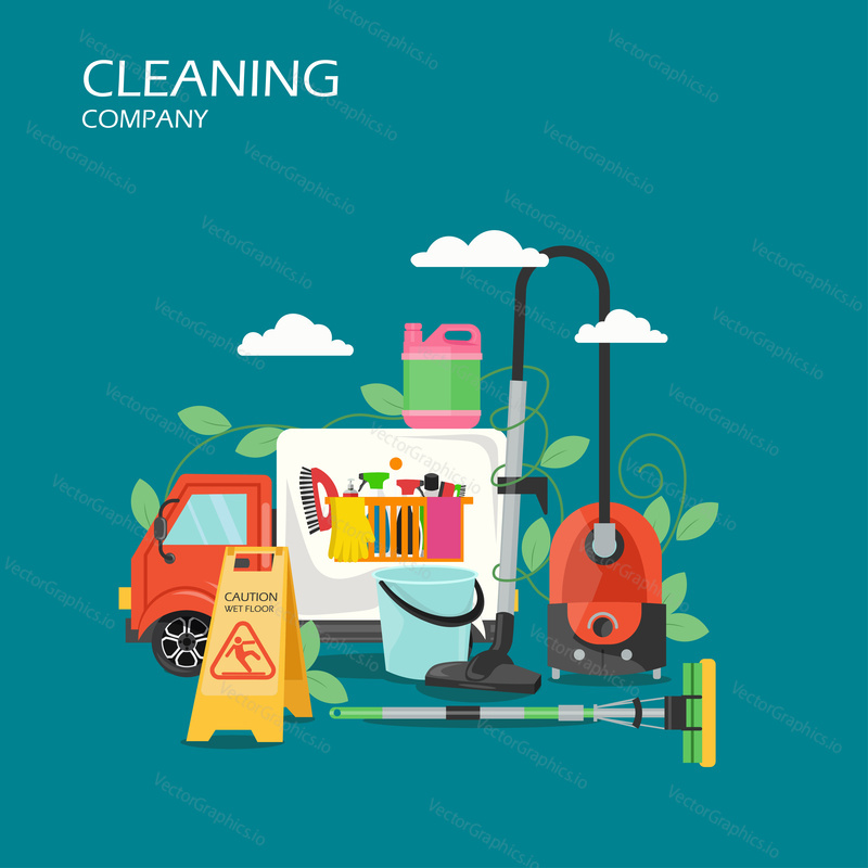 Cleaning company service concept vector flat illustration. Vacuum cleaner, caution wet floor sign, car, bucket, sponge mop, brush cleansers. Commercial and residential cleaning services poster banner.