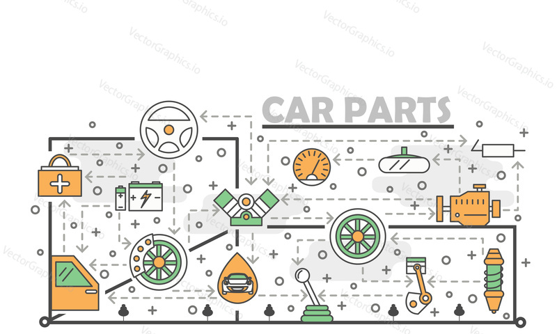 Car parts poster banner template. Auto spare parts vector thin line art flat style design elements, icons for web banners and printed materials.