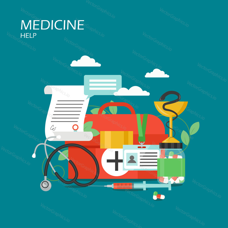 Medicine help concept vector flat illustration. First aid kit box, doctor ID badge, medical prescription, stethoscope, syringe with red injection, pills bottle. Health care and medical poster banner.