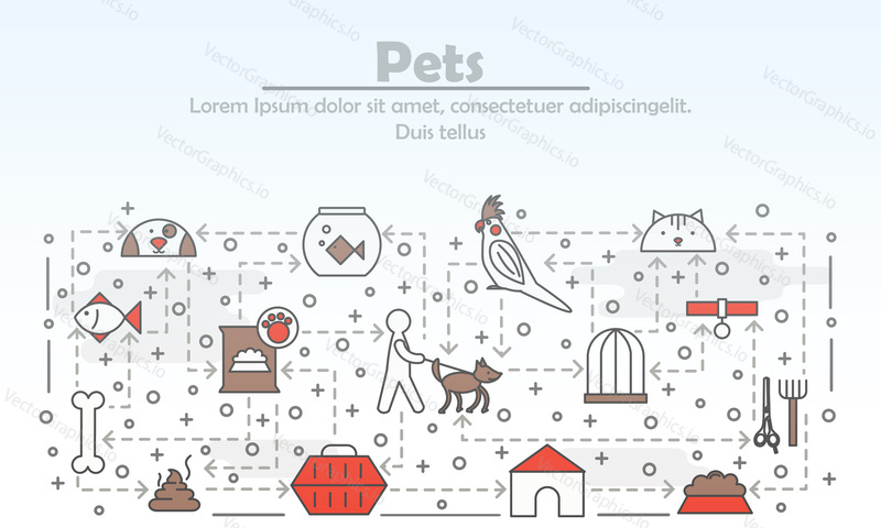 Pets advertising poster banner template. Cat, dog, parrot, fish, pets food, grooming tools, accessories. Vector thin line art flat style design elements, icons for web banners, printed materials.