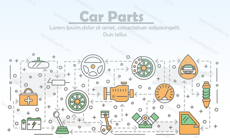 Car parts advertising poster banner template. Auto spare parts vector thin line art flat style design elements, icons for web banners and printed materials.