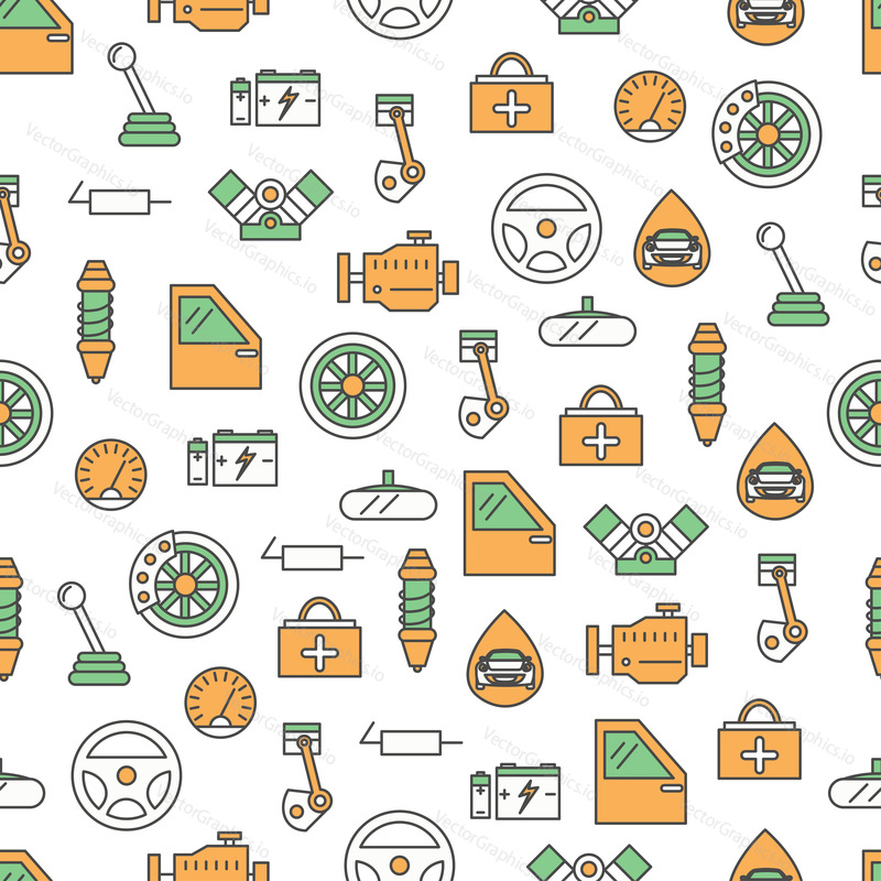 Vector seamless pattern with auto spare parts. Thin line art flat style design car parts background, wallpaper.