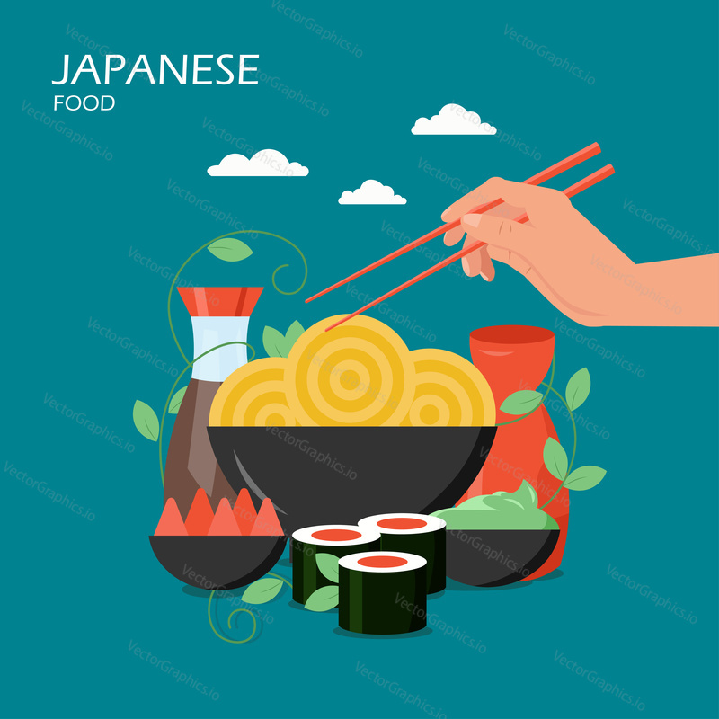 Japanese food vector flat illustration. Japanese, chinese noodles or pasta, sushi rolls, soy sauce, hand holding chopsticks. Asian cuisine poster, banner.