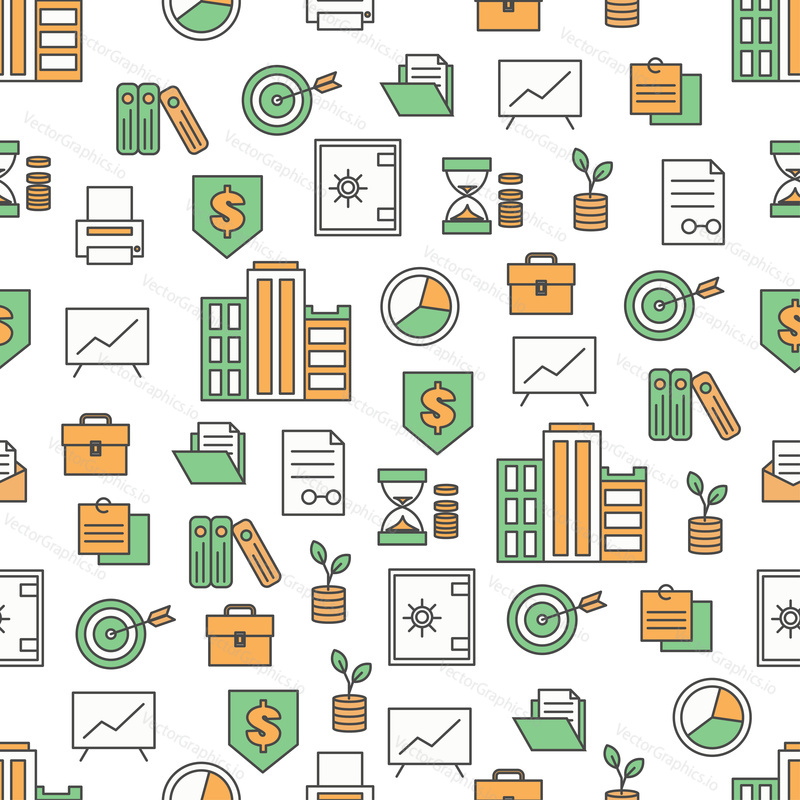 Vector seamless pattern with folders, briefcase, safe, achievement, time management and other symbols. Thin line art flat style design business background, wallpaper.