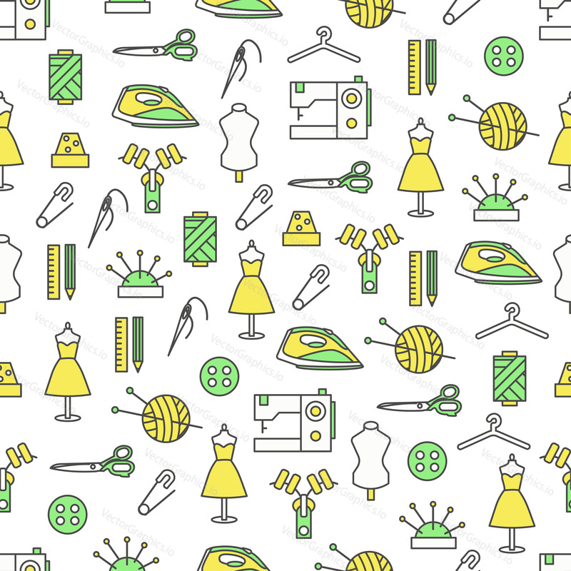 Vector seamless pattern with sewing machine, needle, thread, thimble, dummy, knitting, other sewing items. Thin line art flat style design tailoring background, wallpaper.