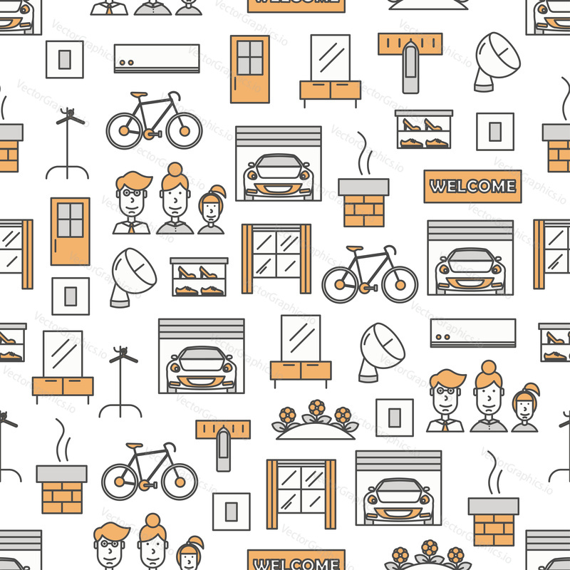 Vector seamless pattern with house interior with furniture, garage, auto, bike etc. Thin line art flat style design housing background, wallpaper.