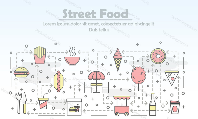 Street food advertising poster banner template. Hot dog, french fries, burger, ice cream, soft drinks, food truck vector thin line art flat style design elements for web banners, printed materials.