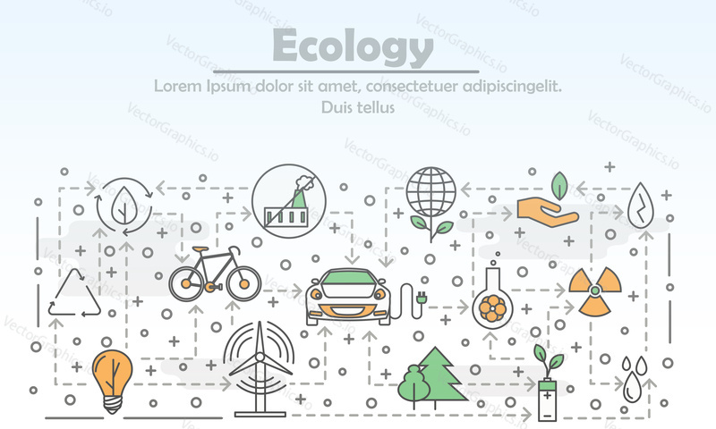 Ecology advertising poster banner template. Windmill, electromobile, no fossil fuel power plant antipollution sign etc. Vector thin line art flat style design icons for web banners, printed materials.
