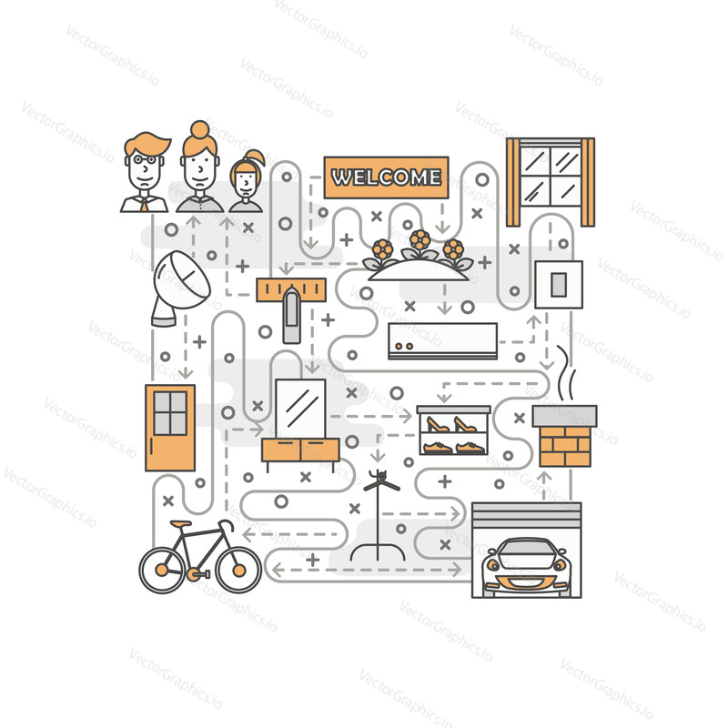Housing poster banner template. House interior with furniture, garage, auto, bike, flowerbed vector thin line art flat style design elements, icons for web banners and printed materials.