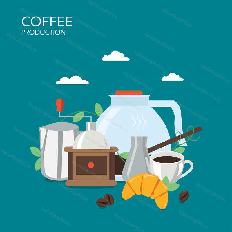 Coffee production vector flat illustration. Turkish cezve pot, glass pitcher, grinder, cup of hot bracing drink, croissant. Turkish coffee making equipment and accessories poster, banner.