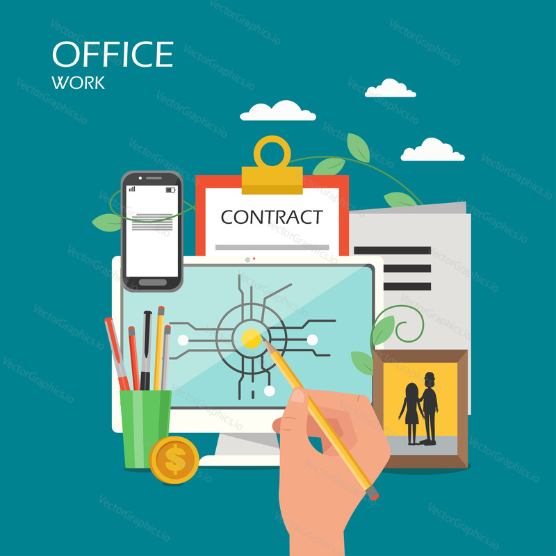 Office work vector flat illustration. Desktop computer, smartphone, clipboard with contract form, stationery, photo in frame and hand drawing with pencil on monitor. Office workspace poster, banner.