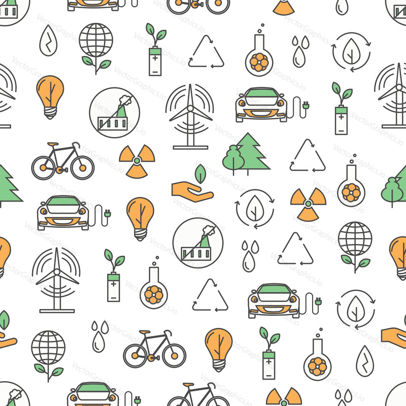 Vector seamless pattern with windmill, electromobile, bicycle, no fossil fuel power plant antipollution sign etc. Thin line art flat style design ecology background, wallpaper.