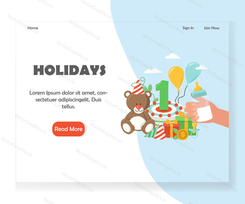 Happy holidays landing page template. Vector flat style design concept for party and celebration event agency website and mobile site development. Kid first birthday party celebration.