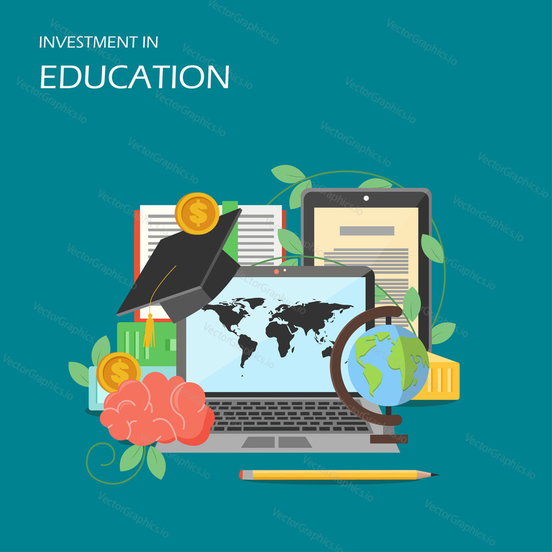 Investment in education concept vector flat illustration. Laptop ebook globe academic graduation cap, human brain, dollar coins. Business investing in human capital development poster, banner.