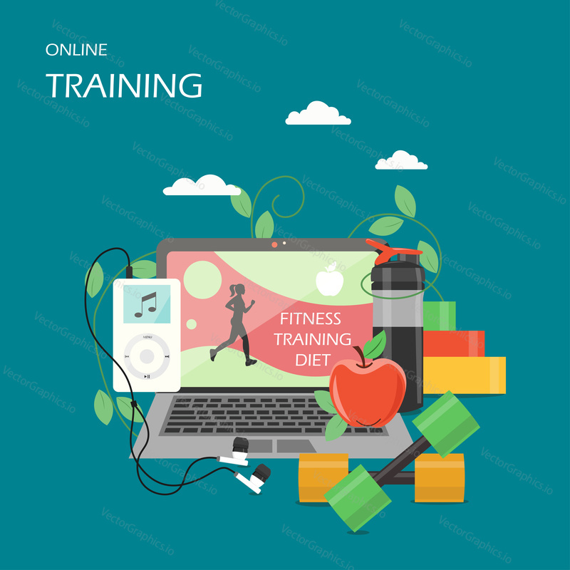 Online training concept vector flat style design illustration. Laptop with video fitness training diet course, dumbbells, music player with earphones. Online sports coaching services poster, banner.