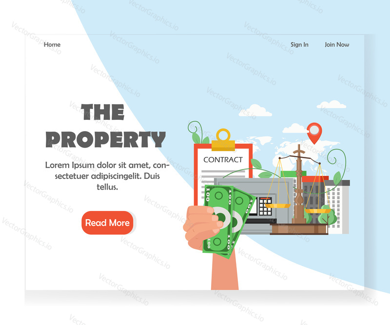 Property landing page template. Vector flat style design concept for website and mobile site development. Real estate investing for profit.