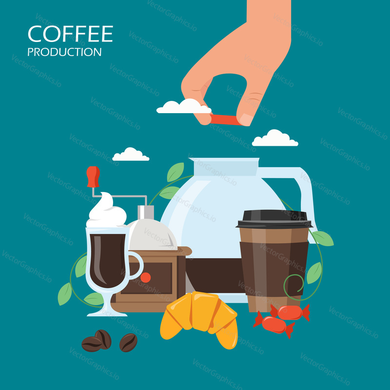 Coffee production vector flat illustration. Hand putting lid on glass pitcher, grinder, mug of drink with whipped cream, disposable cup, croissant, candies. Coffee with croissant poster, banner.