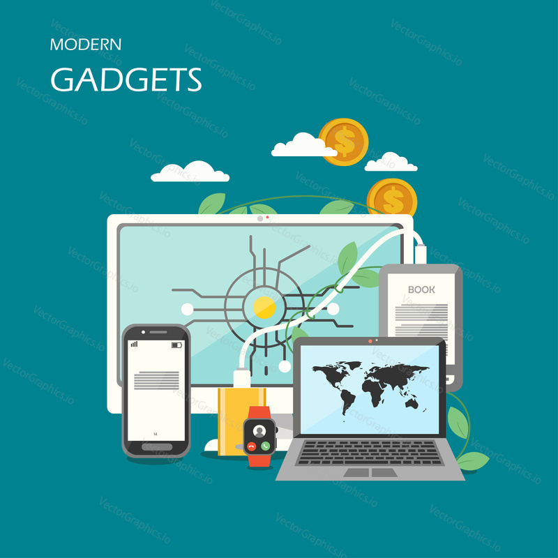Modern gadgets vector flat illustration. Laptop, desktop computer, ebook connected to power bank, smart watch and smartphone. Electronic devices for home office fitness. Digital trends poster, banner.