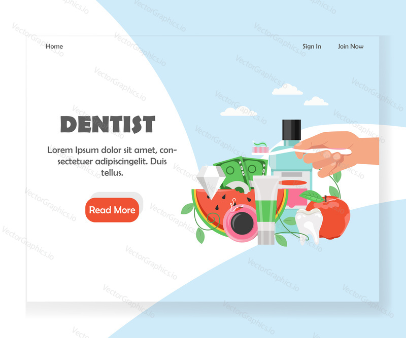 Dentist landing page template. Vector flat style design concept for dental website and mobile site development. Dental hygiene services and treatment.