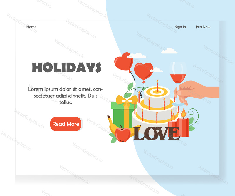 Happy holidays landing page template. Vector flat style design concept for party and celebration event agency website and mobile site development. Love event, wedding anniversary celebration.