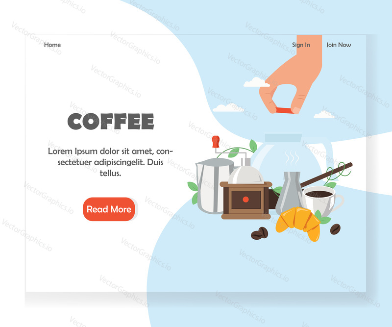 Coffee shop, cafe and coffeehouse landing page template. Vector flat style design concept for website and mobile site development. Turkish coffee making equipment and accessories.