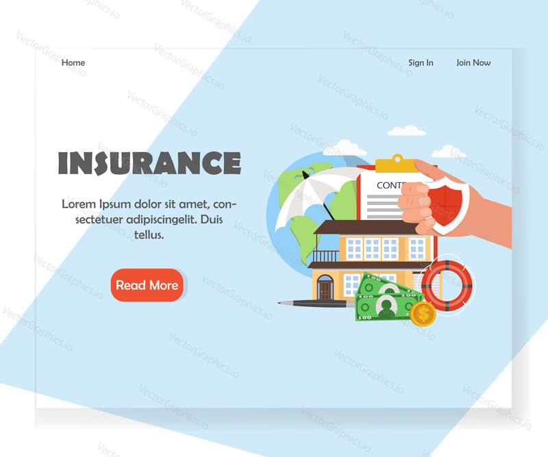 Шаблон целевой страницы страховой компании. Векторная концепция дизайна в плоском стиле для разработки веб-сайтов и мобильных сайтов. Услуги по страхованию имущества и жилья.