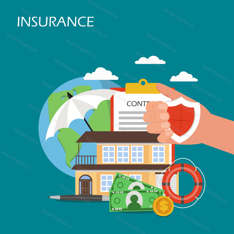 Insurance concept vector flat style design illustration. House under umbrella, globe, money, contract, lifebuoy, hand holding shield. House insurance poster, banner.