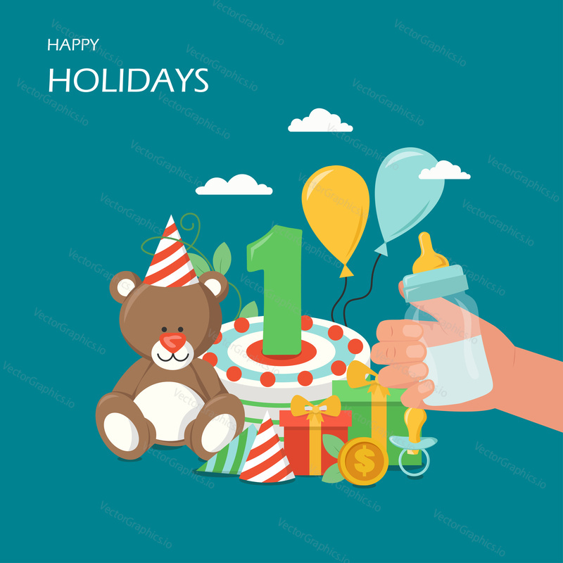Happy holidays vector flat illustration. Hand holding baby milk bottle with nipple, birthday cake with number one, teddy bear, party hats, balloons, gift box. Greeting card, celebration poster, banner