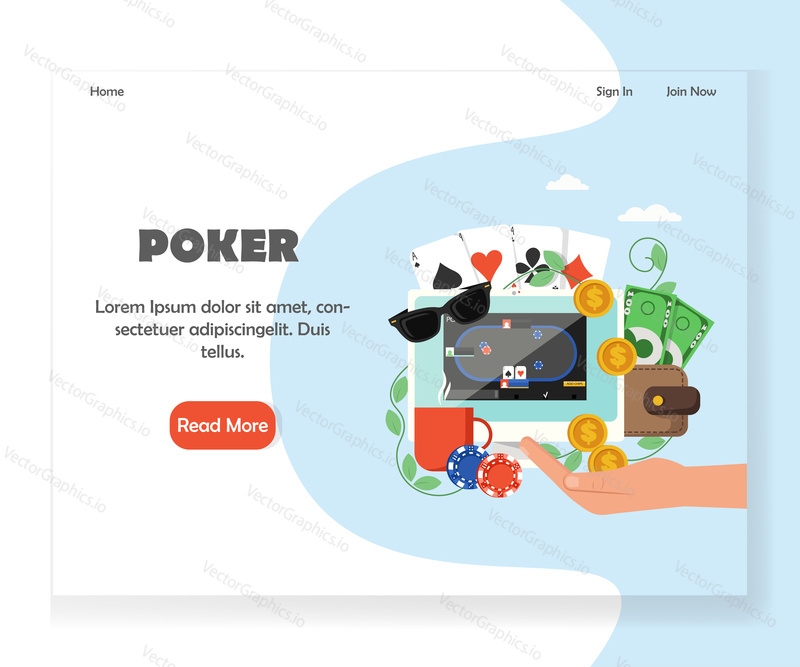 Online poker landing page template. Vector flat style design concept for internet poker gambling website and mobile site development.