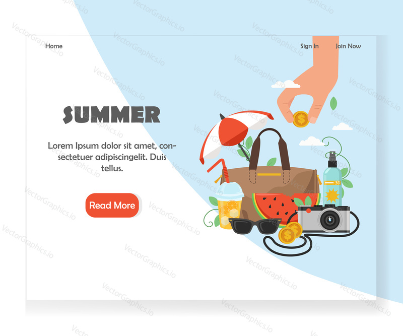 Travel agency landing page template. Vector flat style design concept for website and mobile site development. Summer beach vacation.