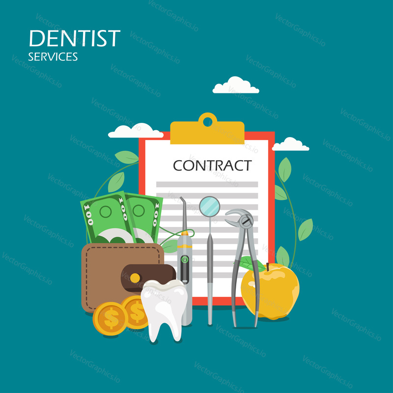 Dentist services concept vector flat illustration. Dentist tools, tooth, apple, wallet with money, clipboard with contract form. Dental equipment, treatments and services poster, banner.