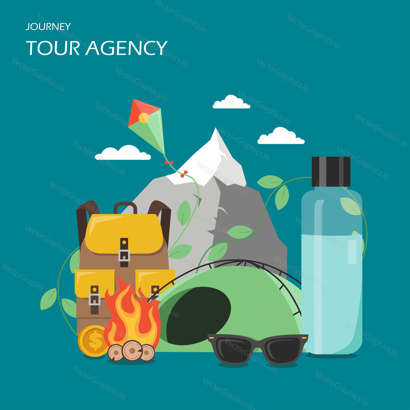 Рекламный плакат туристического агентства, баннер. Векторная плоская иллюстрация. Гора, воздушный змей, костер, палатка, рюкзак, долларовая монета и бутылка с угольной жидкостью для зажигалок. Концепция кемпингового природного туризма.