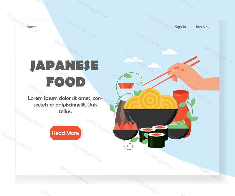Шаблон целевой страницы ресторана японской кухни, суши-бара. Векторная концепция дизайна в плоском стиле для информационного сайта японской кухни и разработки мобильного сайта. Традиционная лапша, суши, соевый соус.