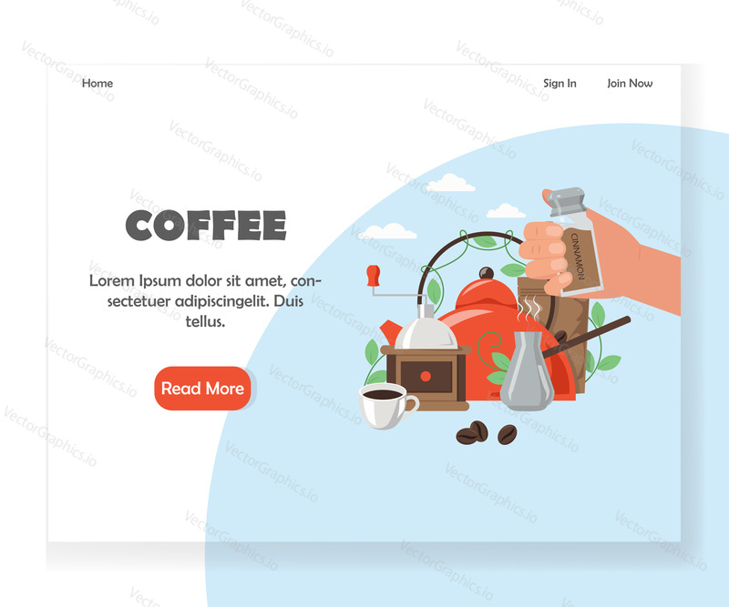 Coffee shop, cafe and coffeehouse landing page template. Vector flat style design concept for website and mobile site development. Healthy cinnamon spiced turkish coffee.