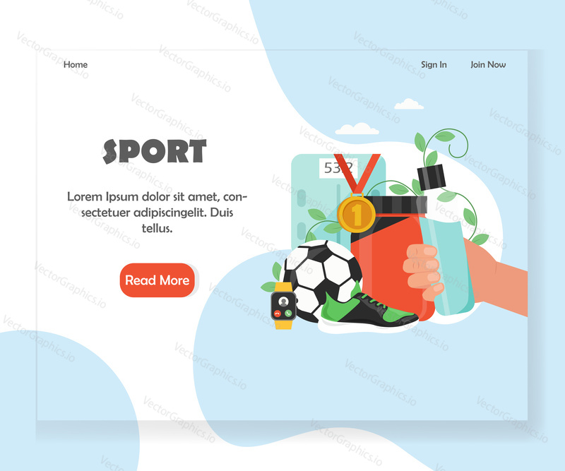 Sport landing page template. Vector flat style design concept for health and fitness website and mobile site development. Sport accessories and nutritional supplements for healthy lifestyle.