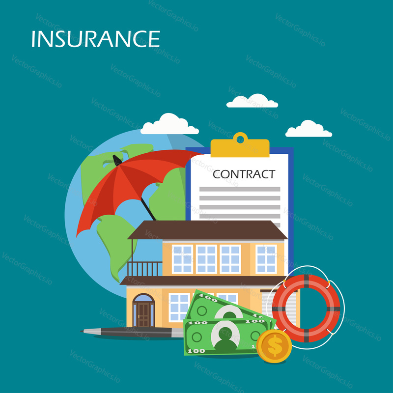 Insurance concept vector flat style design illustration. House under umbrella, globe, money, contract and lifebuoy. House insurance poster, banner.
