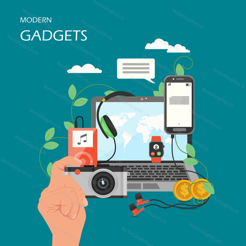 Modern gadgets vector flat illustration. Laptop, mobile phone, headphones, music player, smart watch and hand holding camera. Fashionable electronic devices and new wearable technology poster, banner.