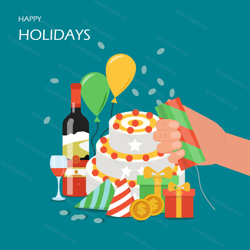 Happy holidays vector flat illustration. Hand holding party cracker or popper with confetti, holiday cake and hats, wine, gift box, balloons, dollar coins. Greeting card, celebration poster, banner.