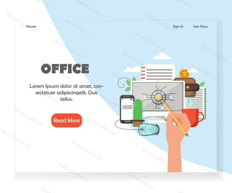 Office landing page template. Vector flat style design concept for office space website and mobile site development. Workplace for creative work.